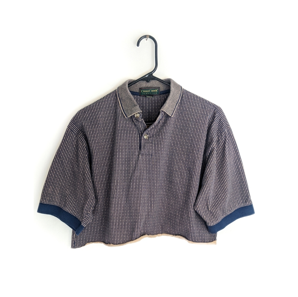 Vtg 90s Navy/Beige Grunge Cropped Oversized Polo Neck Tee